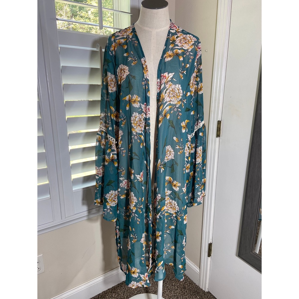 Boho Kimono Duster Cover M/L Teal Open Floral Crochet Bell Sleeve Cottagecore